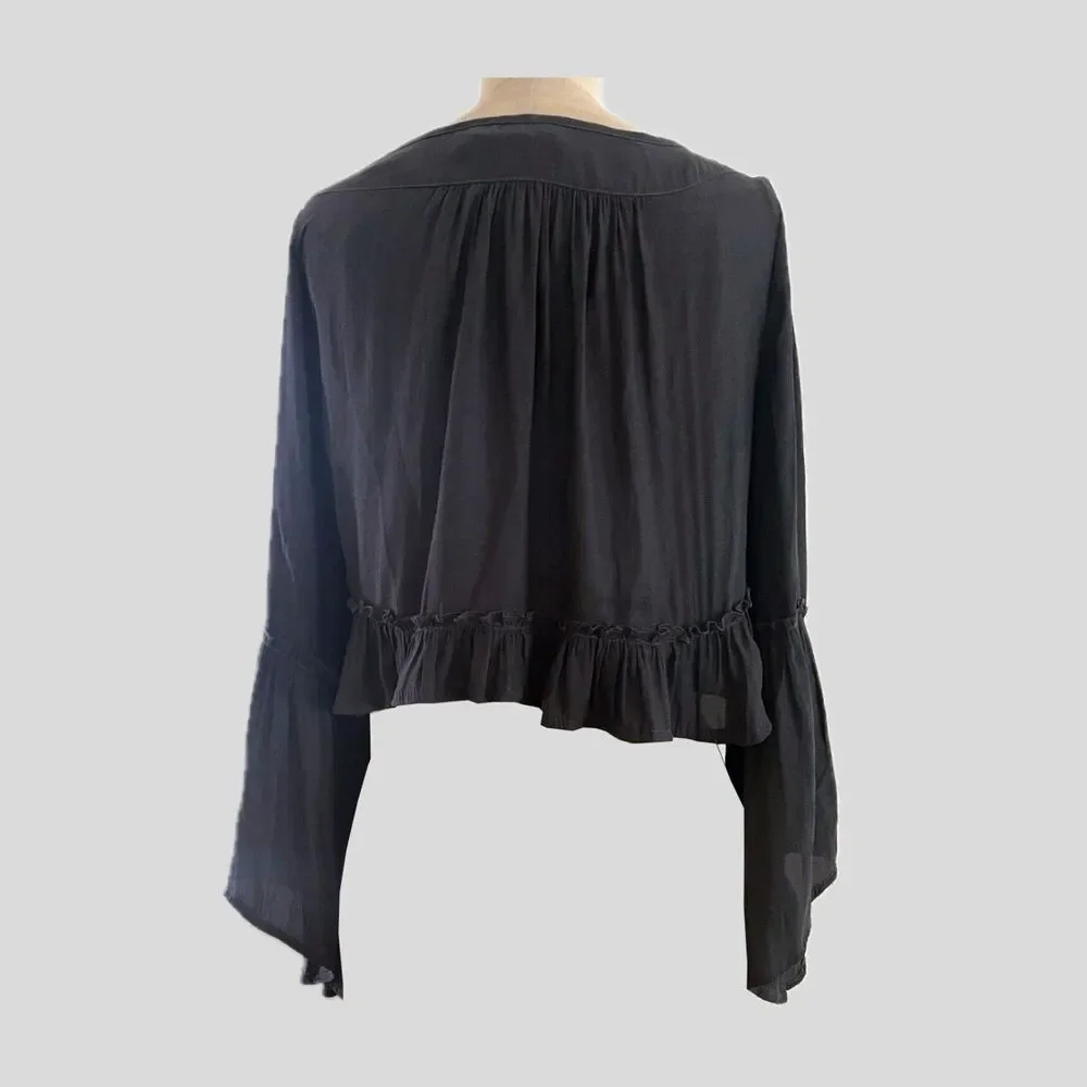 Free People Gray Cropped Long Bell Sleeve Casual Boho Top Blouse Womens S